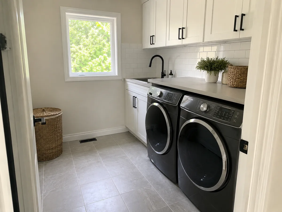 Laundry room renovation Ottawa - white cabinets, subway tile backsplash, and new washer and dryer